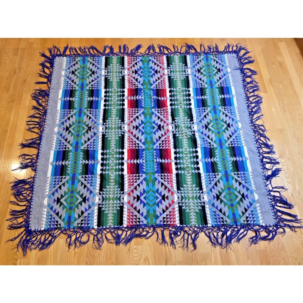 Pendleton Vtg Beaver State Wool Shawl Blanket 62in Geometric Fringe USA Western